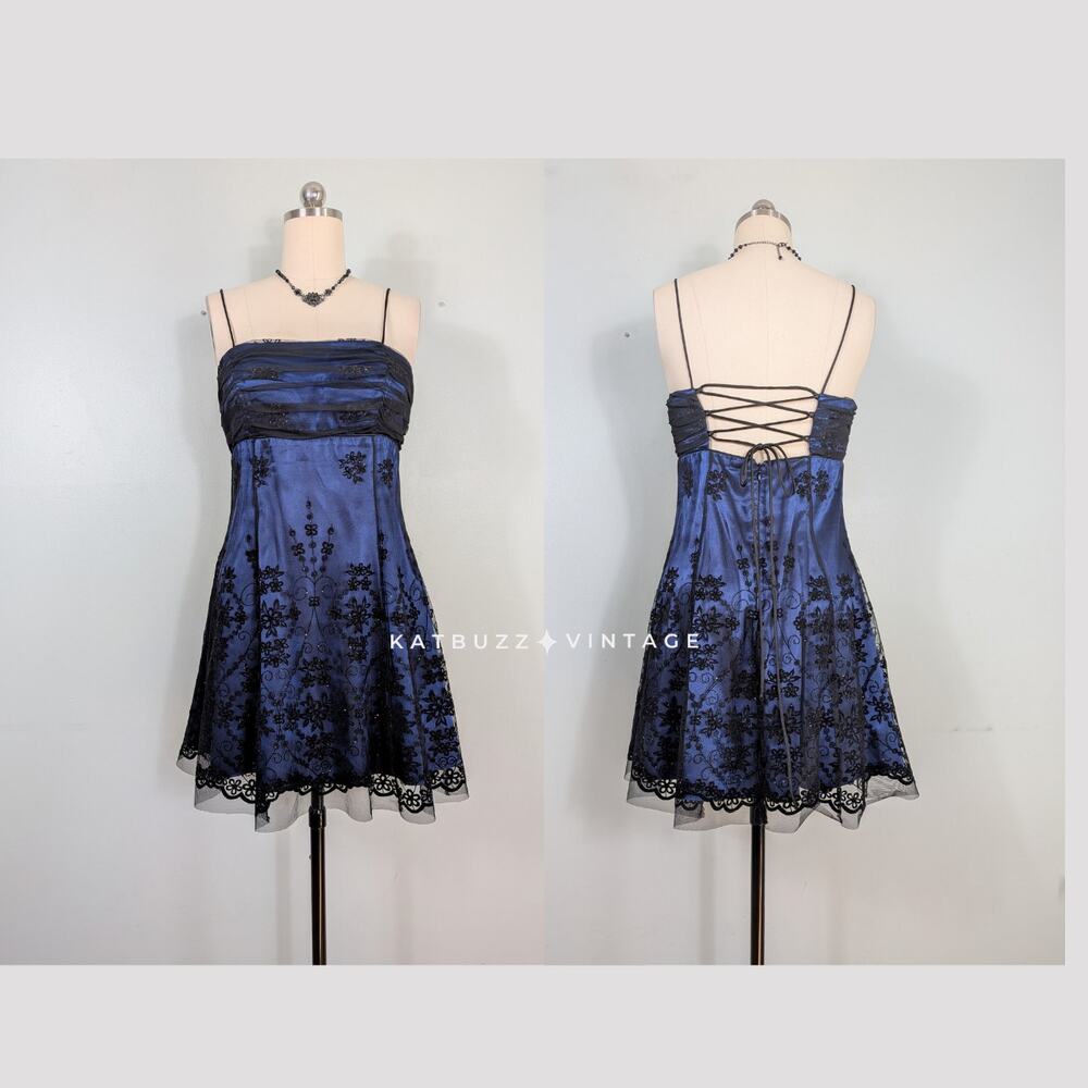 Vintage Prom Dress Mini Gown 10 Blue Black Corset Y2K Hoco Goth Floral Lace Adam